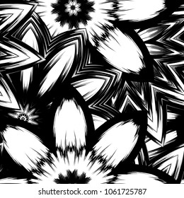 Seamless floral background. Tracery handmade nature ethnic fabric backdrop pattern with saturated dark flowers. Textile design texture. Decorative binary monochrome black and white art. Vector