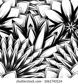 Seamless floral background. Tracery handmade nature ethnic fabric backdrop pattern with saturated dark flowers. Textile design texture. Decorative binary monochrome black and white art. Vector