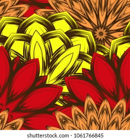 Seamless floral background. Tracery handmade nature ethnic fabric backdrop pattern with flowers. Textile design texture. Decorative color art. Vector