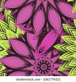 Seamless floral background. Tracery handmade nature ethnic fabric backdrop pattern with flowers. Textile design texture. Decorative color art. Vector