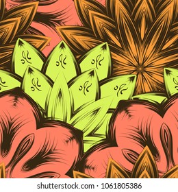 Seamless floral background. Tracery handmade nature ethnic fabric backdrop pattern with flowers. Textile design texture. Decorative color art. Vector