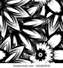 Seamless floral background. Tracery handmade nature ethnic fabric backdrop pattern with saturated dark flowers. Textile design texture. Decorative binary monochrome black and white art. Vector