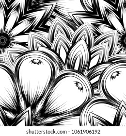 Seamless floral background. Tracery handmade nature ethnic fabric backdrop pattern with saturated dark flowers. Textile design texture. Decorative binary monochrome black and white art. Vector