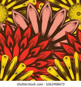 Seamless floral background. Tracery handmade nature ethnic fabric backdrop pattern with flowers. Textile design texture. Decorative color art. Vector