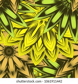 Seamless floral background. Tracery handmade nature ethnic fabric backdrop pattern with flowers. Textile design texture. Decorative color art. Vector
