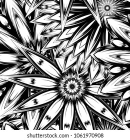 Seamless floral background. Tracery handmade nature ethnic fabric backdrop pattern with saturated dark flowers. Textile design texture. Decorative binary monochrome black and white art. Vector