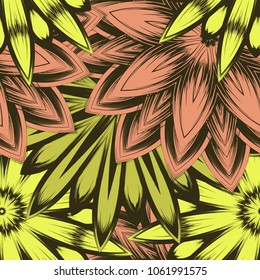 Seamless floral background. Tracery handmade nature ethnic fabric backdrop pattern with flowers. Textile design texture. Decorative color art. Vector