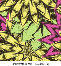 Seamless floral background. Tracery handmade nature ethnic fabric backdrop pattern with flowers. Textile design texture. Decorative color art. Vector