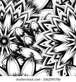 Seamless floral background. Tracery handmade nature ethnic fabric backdrop pattern with saturated dark flowers. Textile design texture. Decorative binary monochrome black and white art. Vector