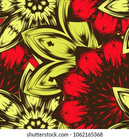 Seamless floral background. Tracery handmade nature ethnic fabric backdrop pattern with flowers. Textile design texture. Decorative color art. Vector