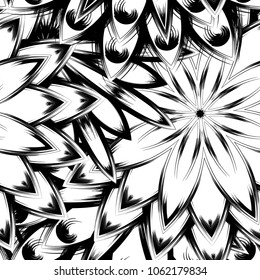 Seamless floral background. Tracery handmade nature ethnic fabric backdrop pattern with saturated dark flowers. Textile design texture. Decorative binary monochrome black and white art. Vector