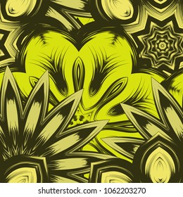 Seamless floral background. Tracery handmade nature ethnic fabric backdrop pattern with flowers. Textile design texture. Decorative color art. Vector