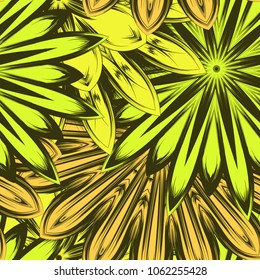 Seamless floral background. Tracery handmade nature ethnic fabric backdrop pattern with flowers. Textile design texture. Decorative color art. Vector