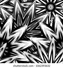 Seamless floral background. Tracery handmade nature ethnic fabric backdrop pattern with saturated dark flowers. Textile design texture. Decorative binary monochrome black and white art. Vector