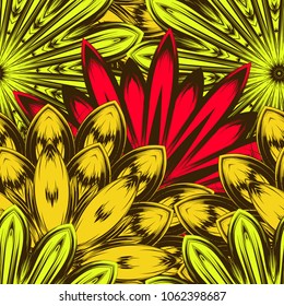 Seamless floral background. Tracery handmade nature ethnic fabric backdrop pattern with flowers. Textile design texture. Decorative color art. Vector