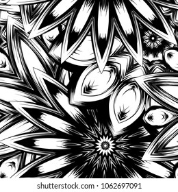 Seamless floral background. Tracery handmade nature ethnic fabric backdrop pattern with saturated dark flowers. Textile design texture. Decorative binary monochrome black and white art. Vector