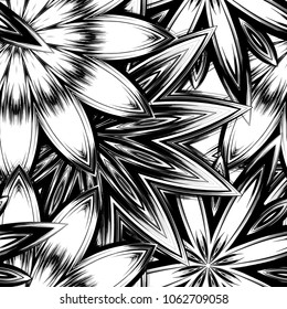 Seamless floral background. Tracery handmade nature ethnic fabric backdrop pattern with saturated dark flowers. Textile design texture. Decorative binary monochrome black and white art. Vector