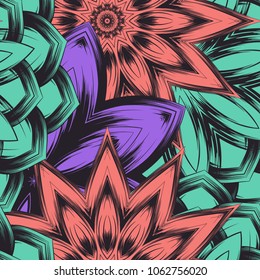 Seamless floral background. Tracery handmade nature ethnic fabric backdrop pattern with flowers. Textile design texture. Decorative color art. Vector