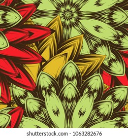 Seamless floral background. Tracery handmade nature ethnic fabric backdrop pattern with flowers. Textile design texture. Decorative color art. Vector