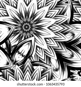 Seamless floral background. Tracery handmade nature ethnic fabric backdrop pattern with saturated dark flowers. Textile design texture. Decorative binary monochrome black and white art. Vector