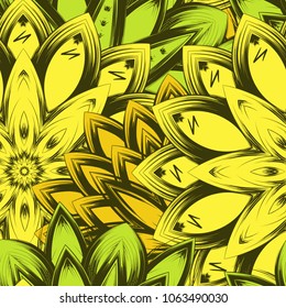 Seamless floral background. Tracery handmade nature ethnic fabric backdrop pattern with flowers. Textile design texture. Decorative color art. Vector