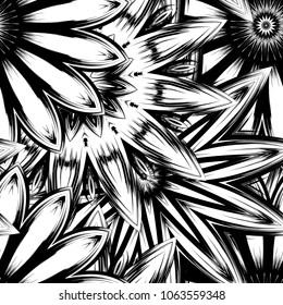 Seamless floral background. Tracery handmade nature ethnic fabric backdrop pattern with saturated dark flowers. Textile design texture. Decorative binary monochrome black and white art. Vector