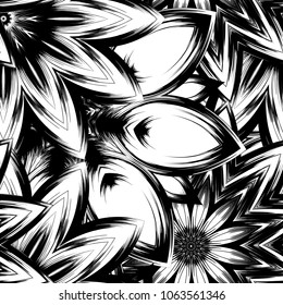 Seamless floral background. Tracery handmade nature ethnic fabric backdrop pattern with saturated dark flowers. Textile design texture. Decorative binary monochrome black and white art. Vector