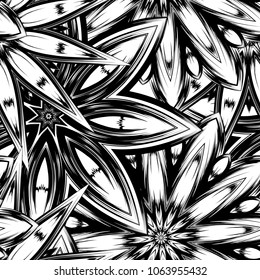 Seamless floral background. Tracery handmade nature ethnic fabric backdrop pattern with saturated dark flowers. Textile design texture. Decorative binary monochrome black and white art. Vector