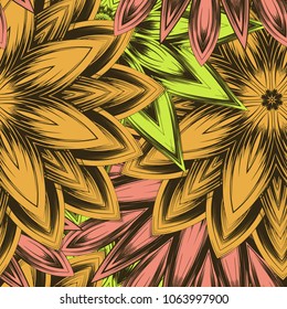 Seamless floral background. Tracery handmade nature ethnic fabric backdrop pattern with flowers. Textile design texture. Decorative color art. Vector
