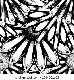 Seamless floral background. Tracery handmade nature ethnic fabric backdrop pattern with saturated dark flowers. Textile design texture. Decorative binary monochrome black and white art. Vector