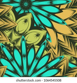 Seamless floral background. Tracery handmade nature ethnic fabric backdrop pattern with flowers. Textile design texture. Decorative color art. Vector