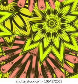Seamless floral background. Tracery handmade nature ethnic fabric backdrop pattern with flowers. Textile design texture. Decorative color art. Vector