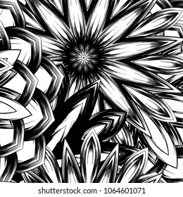 Seamless floral background. Tracery handmade nature ethnic fabric backdrop pattern with saturated dark flowers. Textile design texture. Decorative binary monochrome black and white art. Vector
