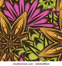 Seamless floral background. Tracery handmade nature ethnic fabric backdrop pattern with flowers. Textile design texture. Decorative color art. Vector