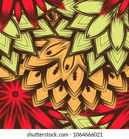 Seamless floral background. Tracery handmade nature ethnic fabric backdrop pattern with flowers. Textile design texture. Decorative color art. Vector