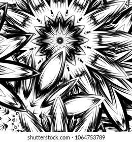 Seamless floral background. Tracery handmade nature ethnic fabric backdrop pattern with saturated dark flowers. Textile design texture. Decorative binary monochrome black and white art. Vector