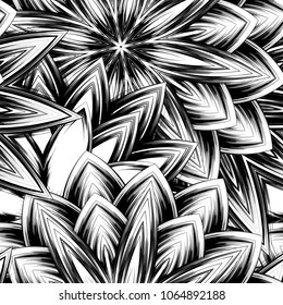 Seamless floral background. Tracery handmade nature ethnic fabric backdrop pattern with saturated dark flowers. Textile design texture. Decorative binary monochrome black and white art. Vector
