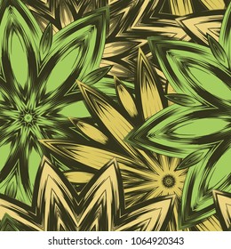 Seamless floral background. Tracery handmade nature ethnic fabric backdrop pattern with flowers. Textile design texture. Decorative color art. Vector