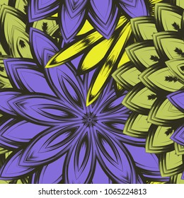 Seamless floral background. Tracery handmade nature ethnic fabric backdrop pattern with flowers. Textile design texture. Decorative color art. Vector