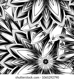 Seamless floral background. Tracery handmade nature ethnic fabric backdrop pattern with saturated dark flowers. Textile design texture. Decorative binary monochrome black and white art. Vector