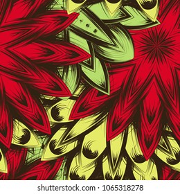 Seamless floral background. Tracery handmade nature ethnic fabric backdrop pattern with flowers. Textile design texture. Decorative color art. Vector