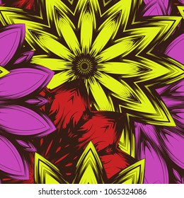 Seamless floral background. Tracery handmade nature ethnic fabric backdrop pattern with flowers. Textile design texture. Decorative color art. Vector