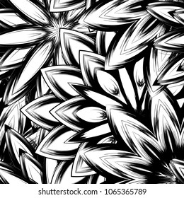 Seamless floral background. Tracery handmade nature ethnic fabric backdrop pattern with saturated dark flowers. Textile design texture. Decorative binary monochrome black and white art. Vector