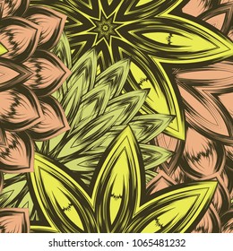 Seamless floral background. Tracery handmade nature ethnic fabric backdrop pattern with flowers. Textile design texture. Decorative color art. Vector