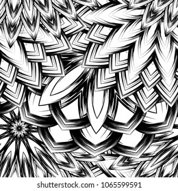 Seamless floral background. Tracery handmade nature ethnic fabric backdrop pattern with saturated dark flowers. Textile design texture. Decorative binary monochrome black and white art. Vector