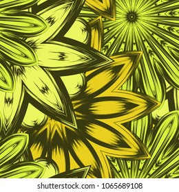 Seamless floral background. Tracery handmade nature ethnic fabric backdrop pattern with flowers. Textile design texture. Decorative color art. Vector