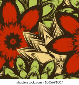 Seamless floral background. Tracery handmade nature ethnic fabric backdrop pattern with flowers. Textile design texture. Decorative color art. Vector