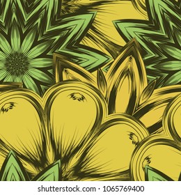 Seamless floral background. Tracery handmade nature ethnic fabric backdrop pattern with flowers. Textile design texture. Decorative color art. Vector