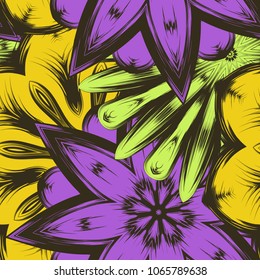 Seamless floral background. Tracery handmade nature ethnic fabric backdrop pattern with flowers. Textile design texture. Decorative color art. Vector