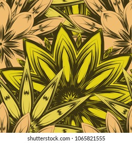 Seamless floral background. Tracery handmade nature ethnic fabric backdrop pattern with flowers. Textile design texture. Decorative color art. Vector